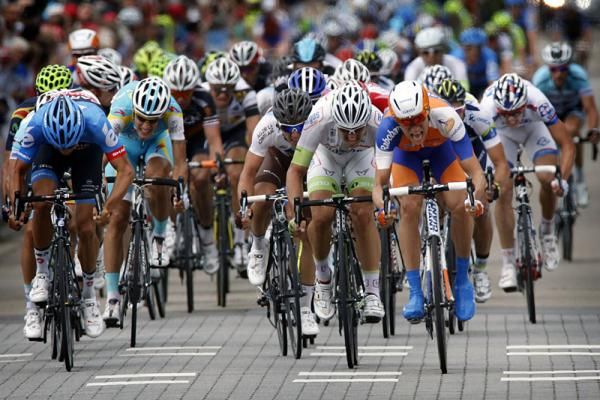 The sprint to the finish at the conclusion of stage 3 at the Eneco Tour.