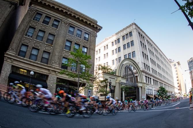 The women head out through downtown.