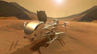 an illustration of an insect-looking drone on a yellowish sandy planet
