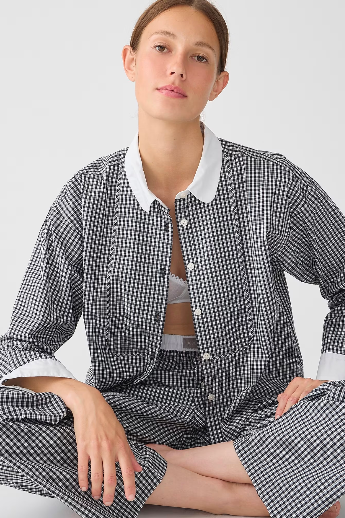 J.Crew Cotton poplin bib shirt and pajama pant set in plaid