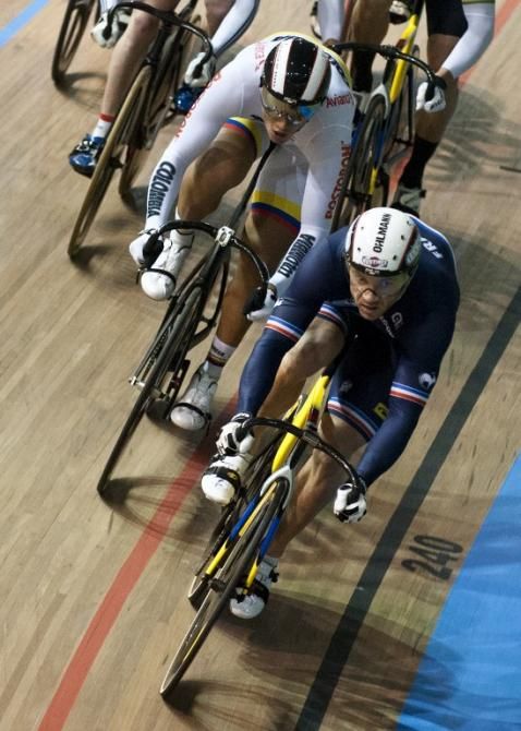 Francois Pervis (R) and Colombian Fabian Puerta compete during the Men's Keirin final