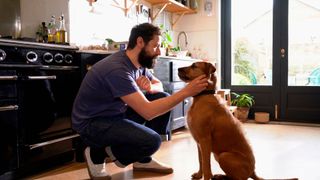 Person in kitchen bending down to stroke a dog