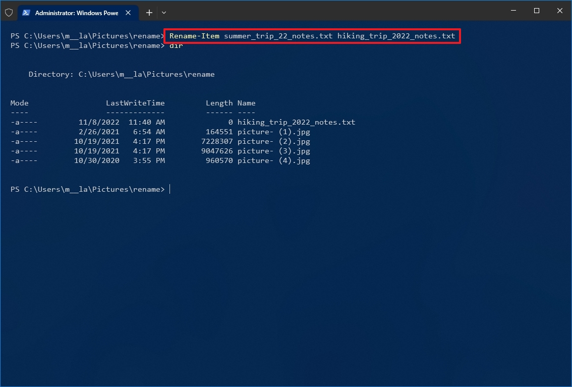 PowerShell rename one file