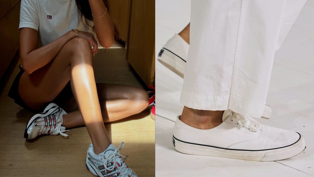 Collage of women wearing 2025 sneakers.