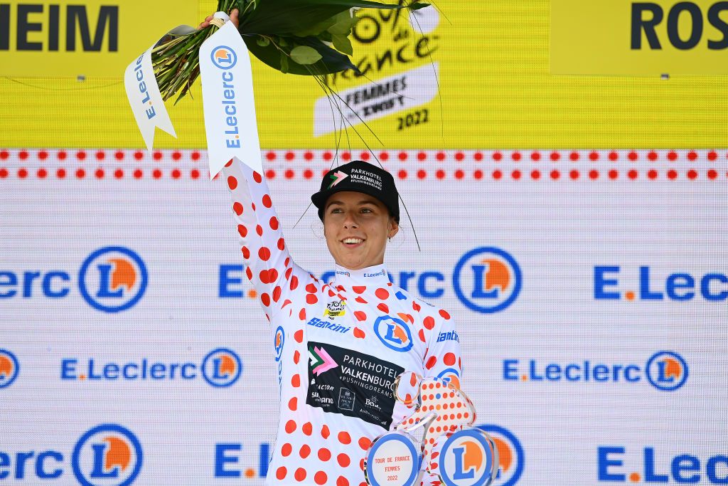 ROSHEIM FRANCE JULY 29 Femke Gerritse of Netherlands and Team Parkhotel Valkenburg Polka Dot Mountain Jersey celebrates at podium during the 1st Tour de France Femmes 2022 Stage 6 a 1286km stage from SaintDidesVosges to Rosheim TDFF UCIWWT on July 29 2022 in Rosheim France Photo by Tim de WaeleGetty Images