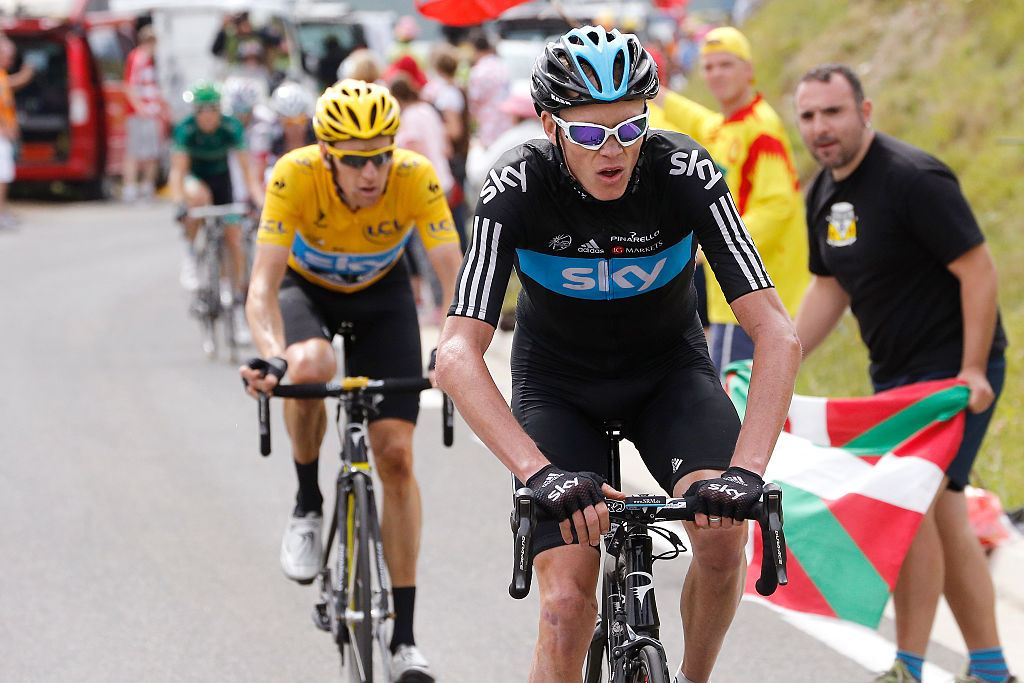 Cycling : 99th Tour de France 2012 / Stage 17 Christopher Froome (GBr)/ Bradley Wiggins (GBr) Yellow Jersey / Peyragudes (1605m)/ Bagneres-de-Luchon - Peyragudes (143,5Km)/ Ronde van Frankrijk TDF / Rit Stage /(c)Tim De Waele (Photo by Tim de Waele/Corbis via Getty Images)
