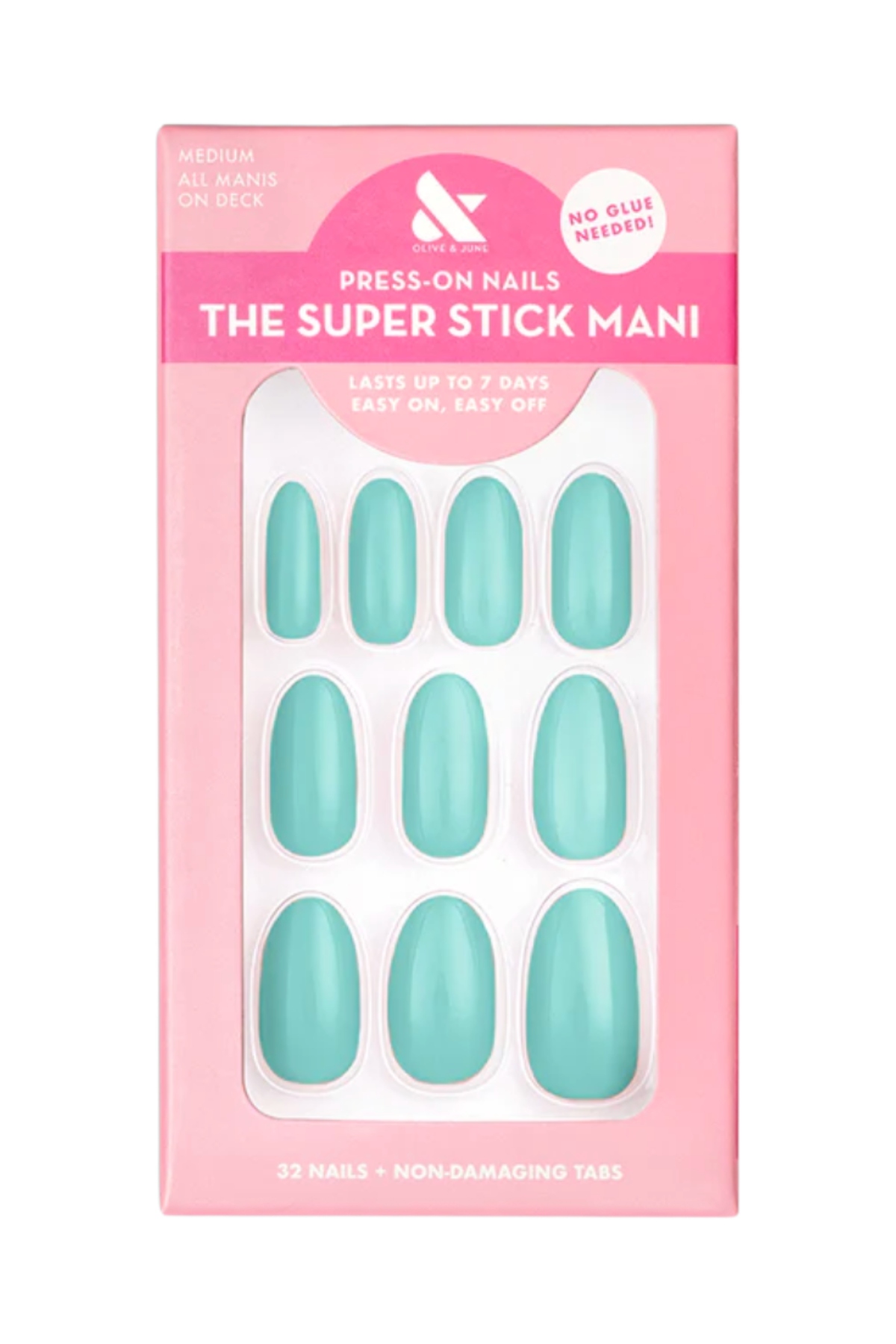 a pink box with white writing containing a set of green press-on nails