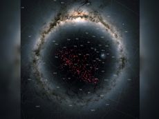 In this stereographic projection, the Milky Way curves around the entire image in an arc, with the newly discovered river of stars displayed in red and covering almost the entire southern Galactic hemisphere.