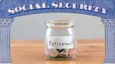 A glass jar labeled with the word Retirement sits on a table framed by a Social Security card.
