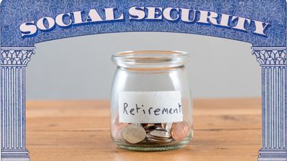 A glass jar labeled with the word Retirement sits on a table framed by a Social Security card.