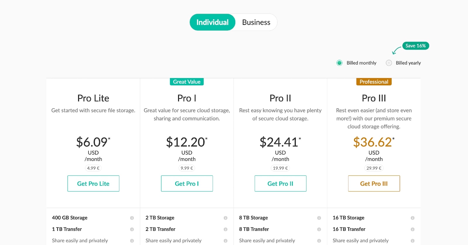 MEGA's pricing plans for cloud storage