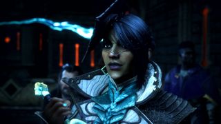 Dragon Age: The Veilguard gameplay cutscene screenshot showing Neve Gallus, a human mage woman wearing a black cap with a lace veil