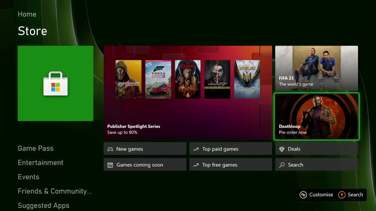 The Xbox Series X|S dashboard showing a pre-order advert for Deathloop