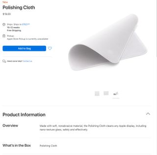 Product listing for Apple Polishing Cloth showing a 10-12 week back order and $19 price point