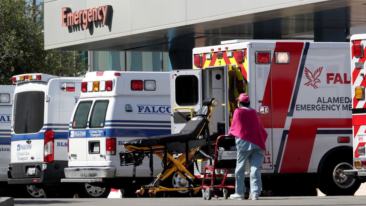 Ambulances lined up at the Kaiser Permanente Oakland Medical Center in California