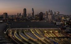 Waterloo Station has the London skyline as its backdrop.