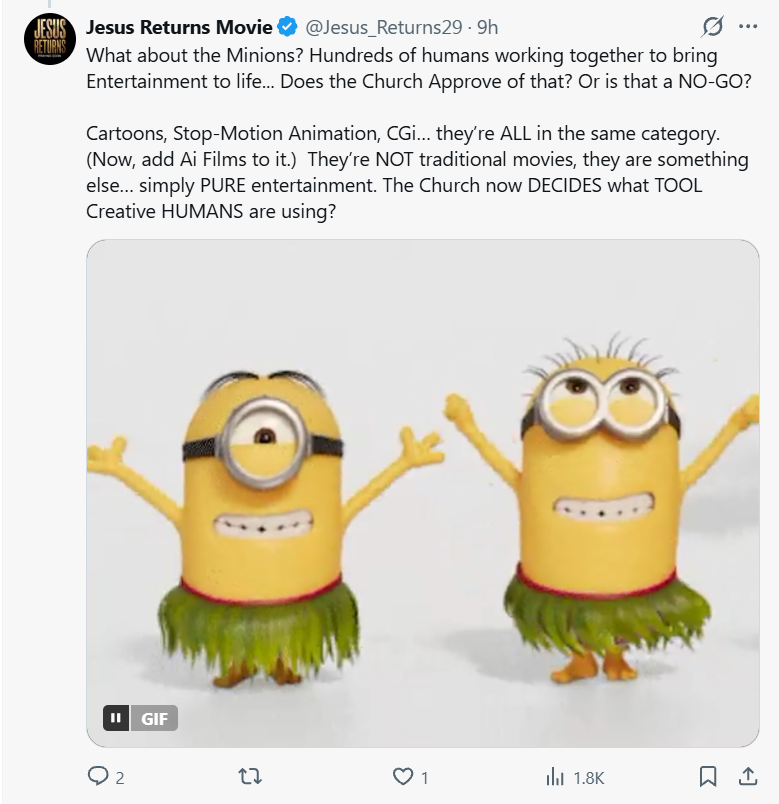 An X post from the account "Jesus Returns Movie" asking the pope "What about the Minions?"