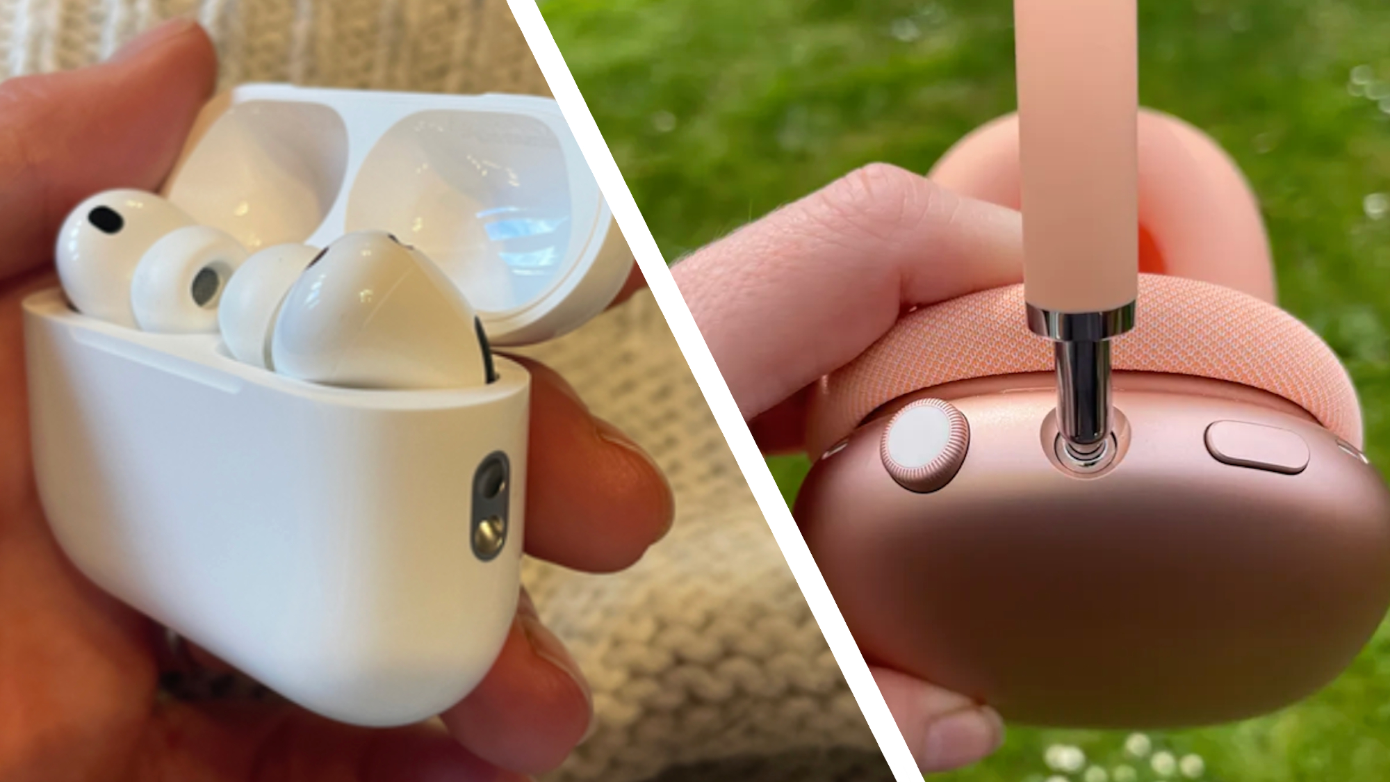 AirPods Max 2 and AirPods Pro 3 held in a hand, in a split screen