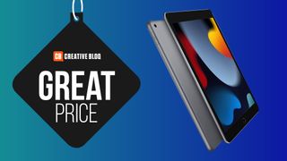 A product shot of the Apple iPad 9th gen 2021 tablet on a colourful background with the words great price