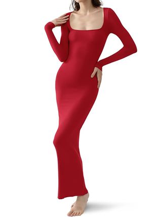 PUMIEY, Pumiey Langarm-Kleider für Frauen, Maxikleid mit quadratischem Ausschnitt, sexy, figurbetonte Herbstkleider für Frauen, mittleres rotes Tango-Kleid