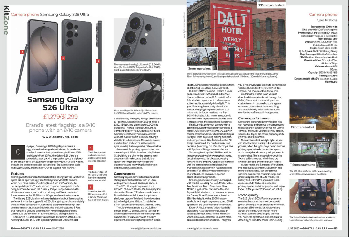 Image showing the first two pages of the Samsung Galaxy S26 Ultra camera phone review, in issue 308 (June 2026) of Digital Camera magazine