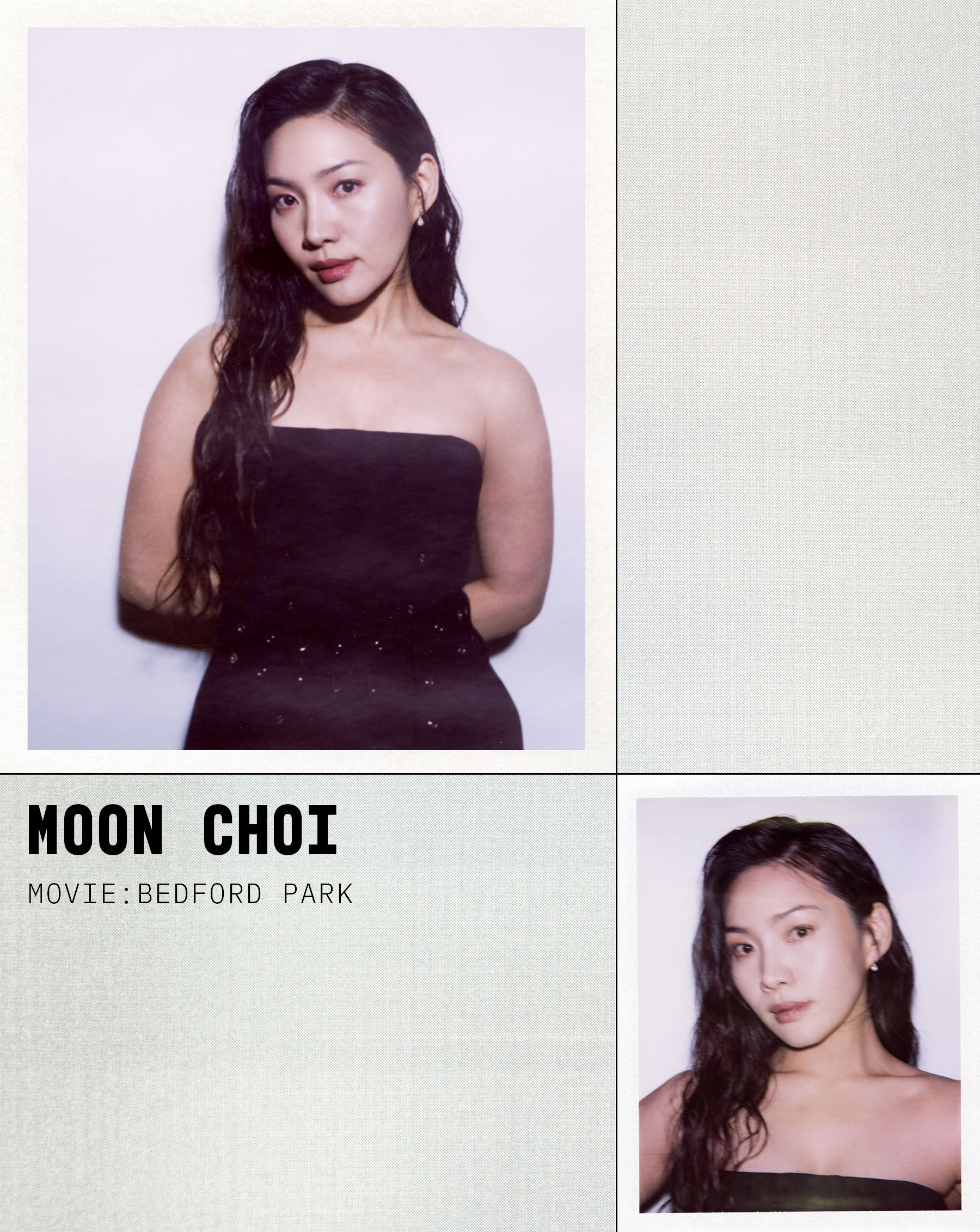 Polaroid portraits from theBest Knockoff Luxury Clothing
 and Free People Sundance Studio. Moon Choi is photographed in a strapless black dress.
