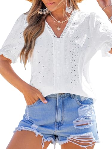 Cupshe Women's Blouses Puff Short Sleeve Lace Hollow Out V Neck Button Dressy Shirts Summer Vacation Outfits Ladies Tops White M