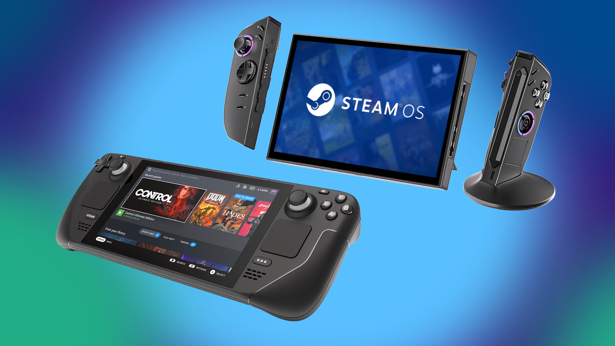 Steam Deck and Legion Go 2 (SteamOS) facing to the front, the Legion Go 2's controllers are detached.