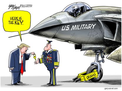Political Cartoon U.S. President Trump military spending Obama restraint
