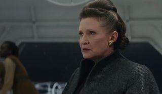 Star Wars The Last Jedi Carrie Fisher General Leia sits in worried contemplation