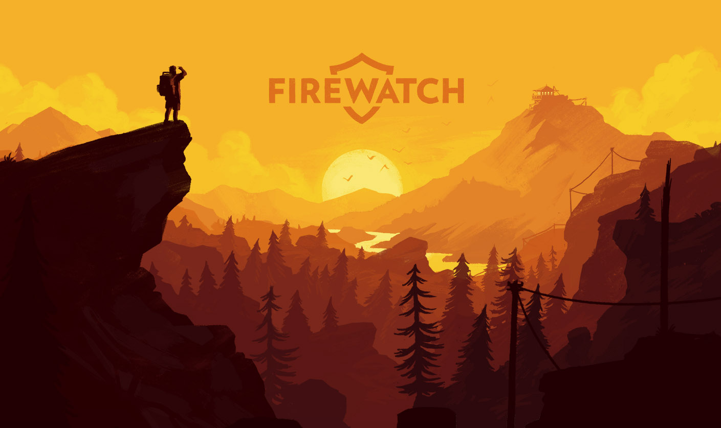 Screenshot of Firewatch website shows an illustration of a hiker looking over a golden canyon at dawn