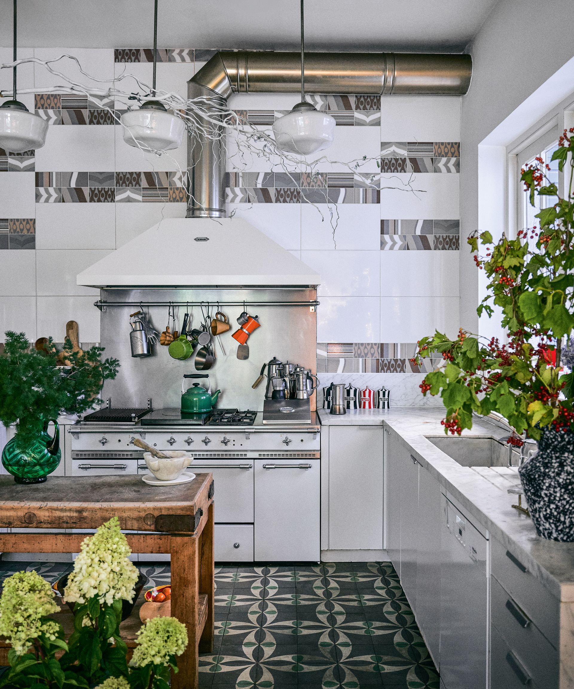 White kitchen decorated for Christmas