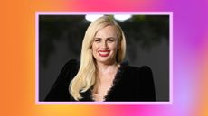 Rebel Wilson wearing a black velvet dress at the Second Annual Academy Museum Gala held at the Academy Museum of Motion Pictures on October 15, 2022 in Los Angeles, California./ in a purple, orange and pink gradient template