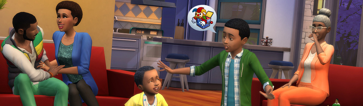 A family created in the Sims 4. There's a couple in the back flirting and tickling each other. On the right side, a grandmother is watching a little boy play with a baby.