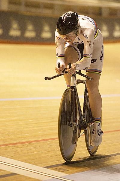 New Zealander Alison Shanks in action during her ride for the silver medal in the women