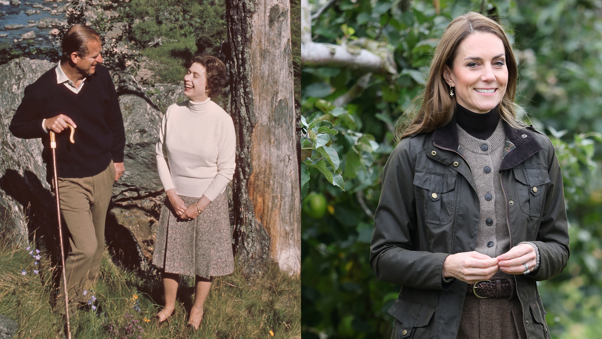 A split image of Prince Philip and Queen Elizabeth standing by a tree at Balmoral; Princess Kate wearing a jacket and sweater in front of a tree
