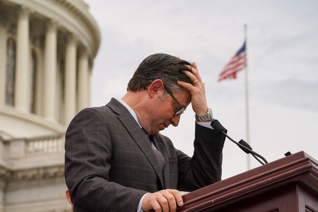 House Speaker Mike Johnson (R-La.) during a news conference outside the US Capitol in Washington, DC, US, on Wednesday, May 8, 2024