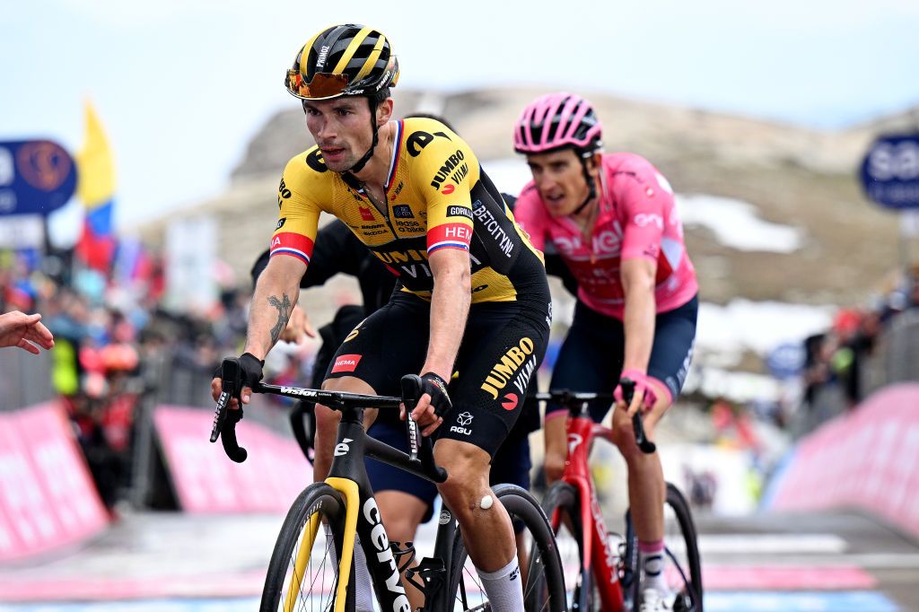 TRE CIME DI LAVAREDO ITALY MAY 26 Primo Rogli of Slovenia and Team JumboVisma crosses the finish line during the 106th Giro dItalia 2023 Stage 19 a 183km stage from Longarone to Tre Cime di Lavaredo 2307m UCIWT on May 26 2023 in Tre Cime di Lavaredo Italy Photo by Stuart FranklinGetty Images