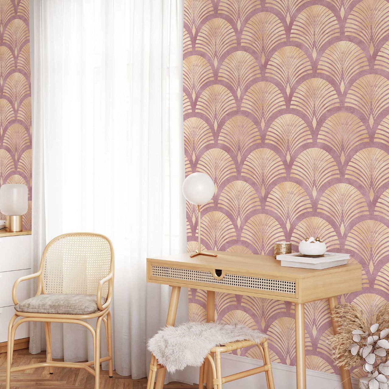 Wallpaper art deco mawar emas berperekat