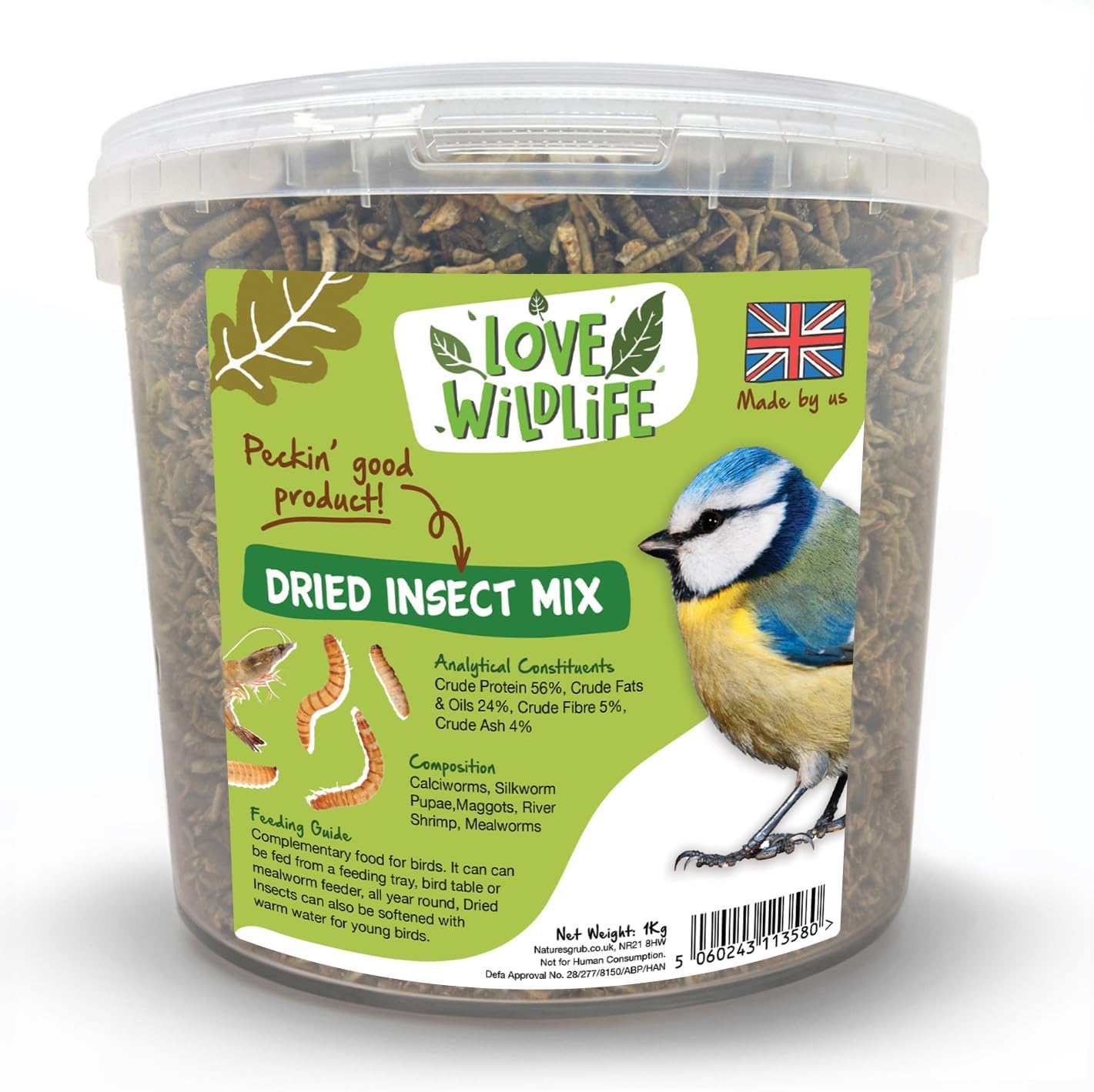Love Wildlife Dried Insect Mix 1kg Bucket | High Energy Food for Wild Birds, Rich in Protein, Ideal for All Year Feeding, Easy to Feed Reusable Tub