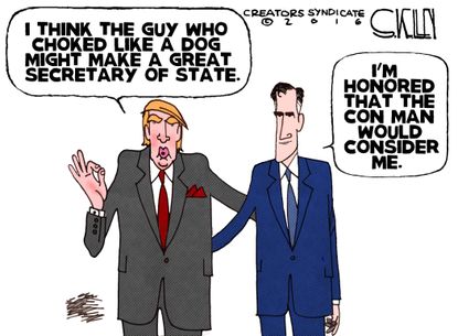 Political cartoon U.S. Donald Trump Mitt Romney alliance