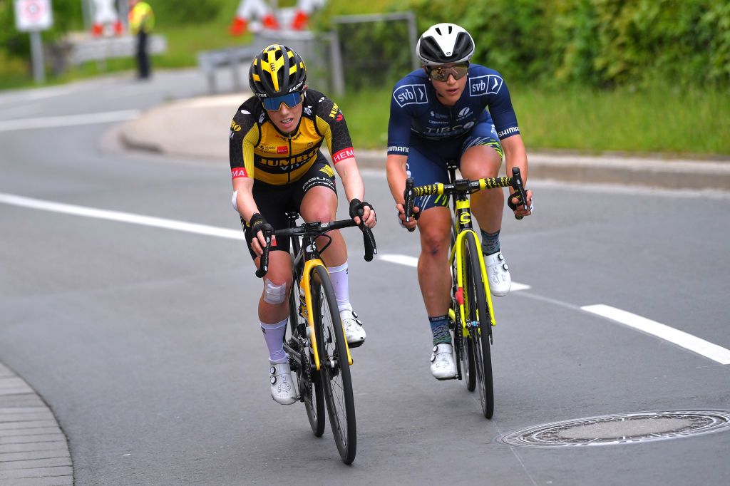 DRTENDORF GERMANY MAY 28 Anna Henderson of United Kingdom and Jumbo Visma Team Kristen Faulkner of United States and Team Tibco Silicon Valley Bank in breakaway during the 34th Internationale LOTTO Thringen Ladies Tour 202 Stage 4 a 101km stage from Drtendorf to Drtendorf 420m ltlt2021 lottothueringenladiestour womencycling on May 28 2021 in Drtendorf Germany Photo by Luc ClaessenGetty Images