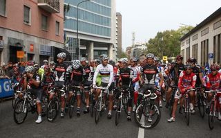 World champion Thor Hushovd (Cervelo) was at the front of the bunch before the start.