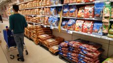 A customer pushing a trolley through a supermarket pet food aisle