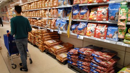 A customer pushing a trolley through a supermarket pet food aisle