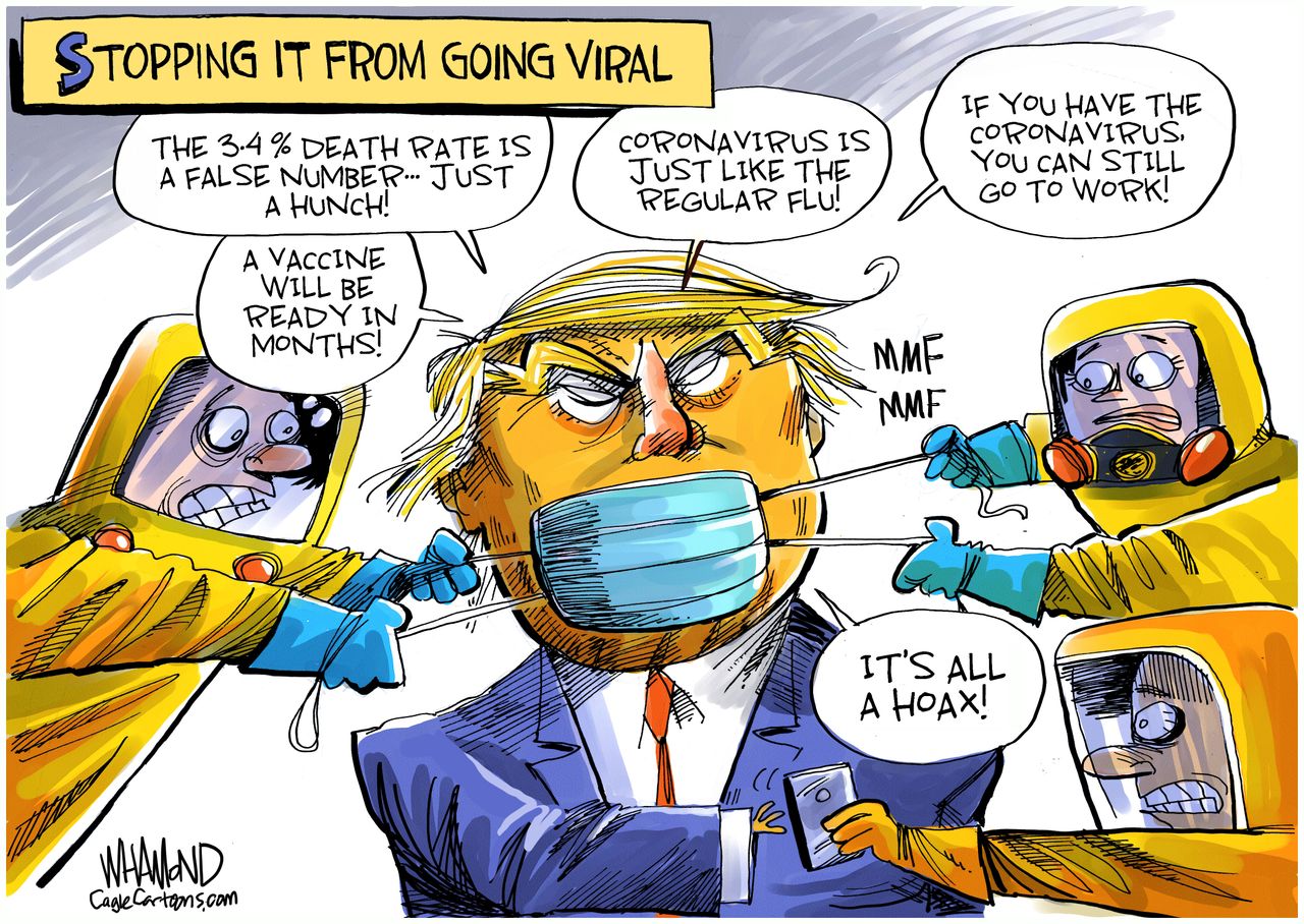 Political Cartoon U.S. Trump COVID-19 FOX News viral spread misinformation