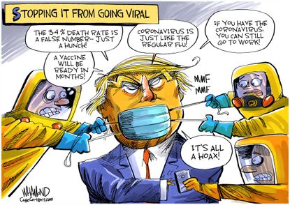 Political Cartoon U.S. Trump COVID-19 FOX News viral spread misinformation
