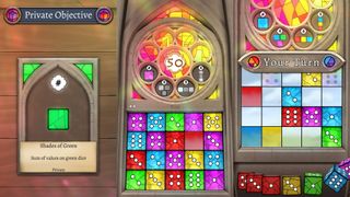 A collage of three images from Sagrada: one showing a personal objective, one showing the victory screen, and one showing gameplay.