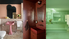 matcha green tile drenched bathroom with mirror on screen and skylight