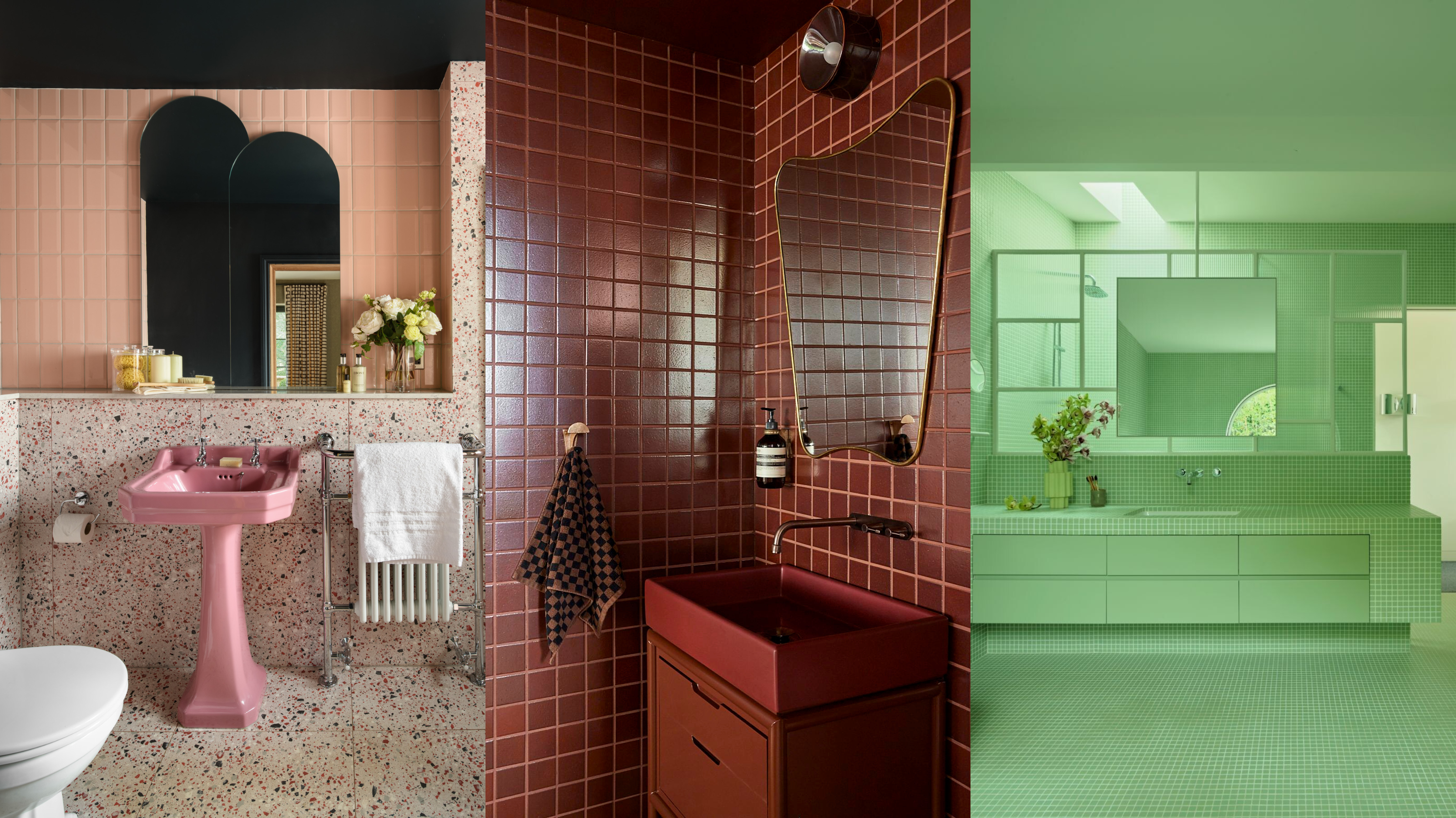 matcha green tile drenched bathroom with mirror on screen and skylight